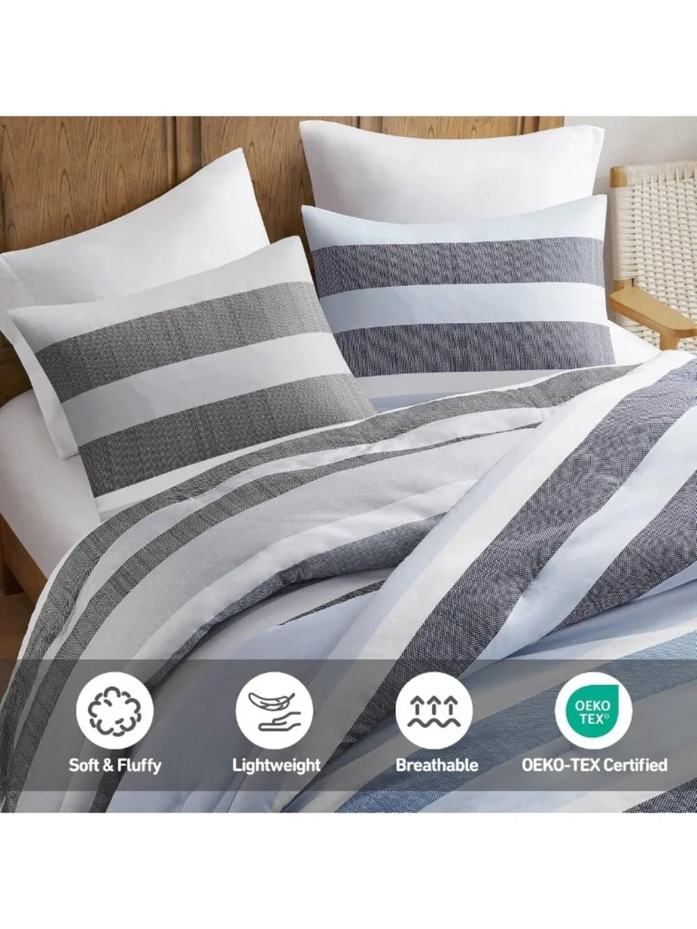 Navy Blue Striped Comforter Set - 3 Piece Full/Queen Bedding, Soft & Reversible